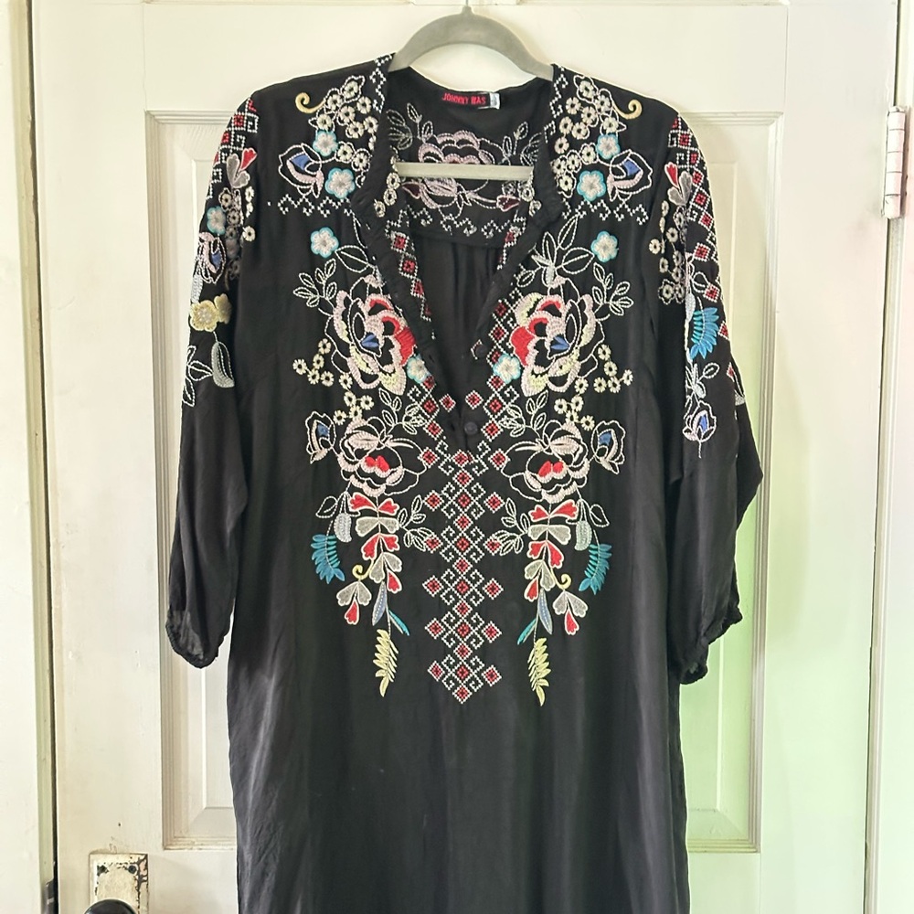 Johnny Was embroidered black dress